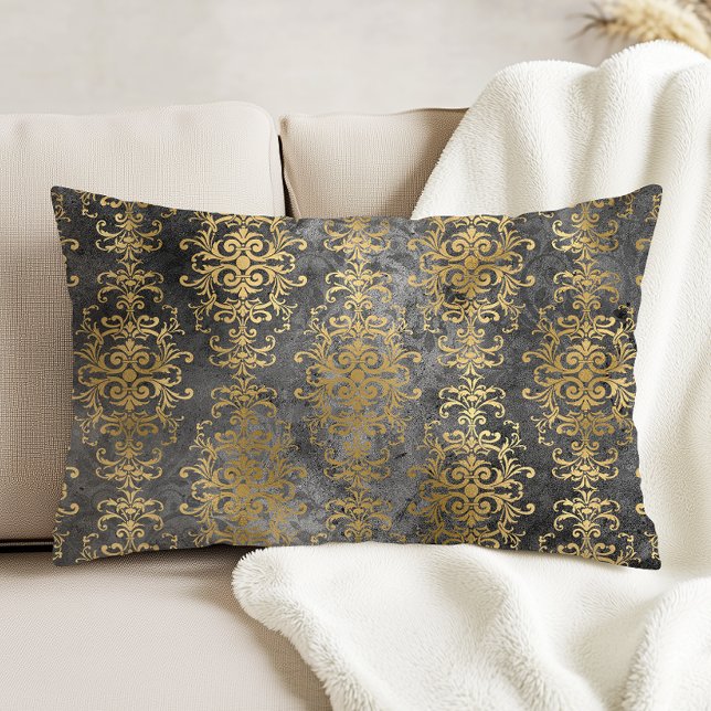 Vintage Damask Houtskool en Goud Vervuild Accent Kussen (Creator heeft geüpload)