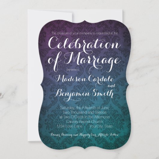 Vintage Damask Paarse Aqua Ombre Wedding Invites Kaart (Voorkant)