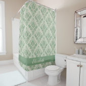 Vintage Damask Patroon Monogram Naam Groen Douchegordijn (In situ)