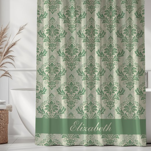 Vintage Damask Patroon Monogram Naam Groen Douchegordijn