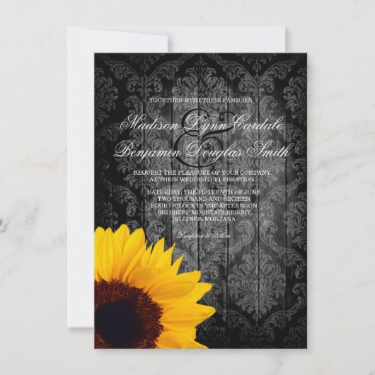 Vintage Damask Sunflower Rustic Wedding Invitation Kaart (Voorkant)