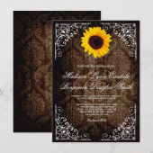 Vintage Damask Sunflower Rustic Wedding Invitation Kaart (Voorkant / Achterkant)