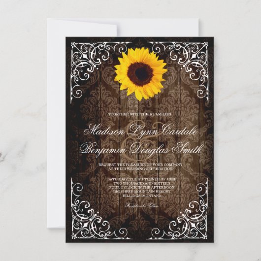 Vintage Damask Sunflower Rustic Wedding Invitation Kaart (Voorkant)