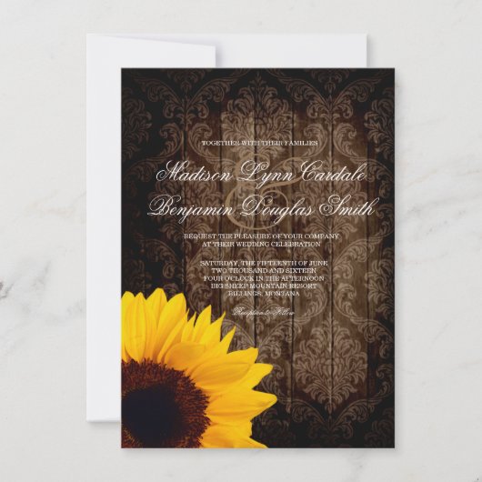 Vintage Damask Sunflower Rustic Wedding Invitation Kaart (Voorkant)