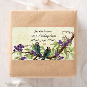 Vintage Damask Teal Bird Purple Flowering Branch Etiket