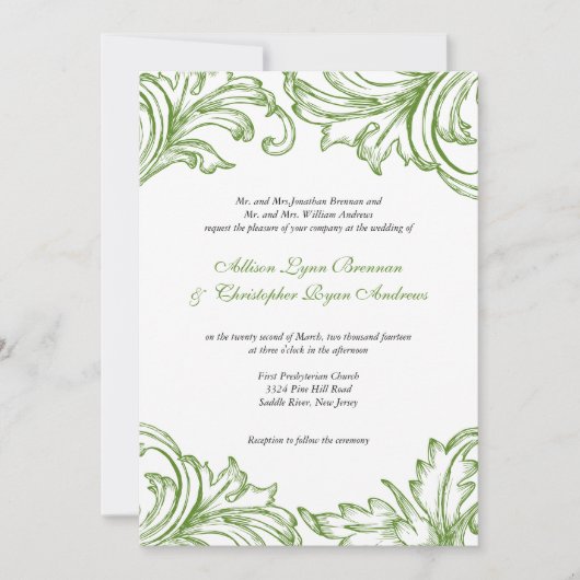 Vintage Damask Wedding Invitation Green & White Kaart (Voorkant)