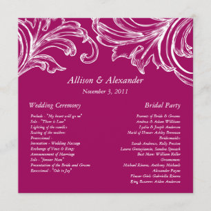 Vintage Damask Wedding Program RASPBERRY & White Programmakaart
