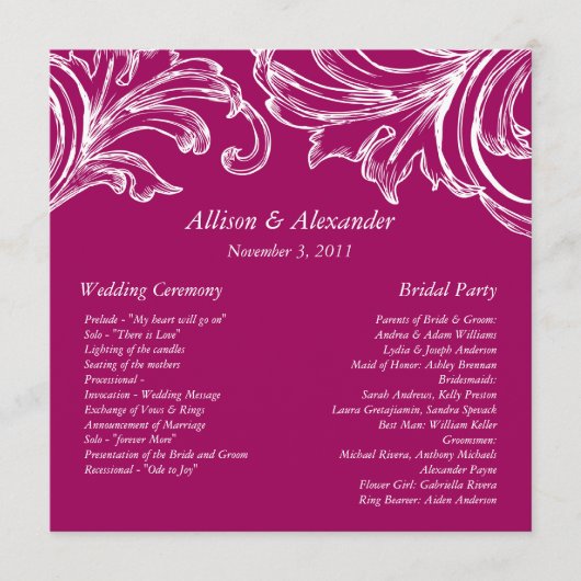 Vintage Damask Wedding Program RASPBERRY & White Programmakaart (Voorkant)