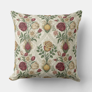 Vintage Damast & Engelse Roos Bloempatroon Kunst Kussen