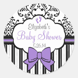 Vintage Damast, Strepen en het Paarse Baby shower Ronde Sticker
