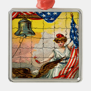 Vintage Dame, Adelaar, Vlag en Liberty Bell Mozaïe Metalen Ornament