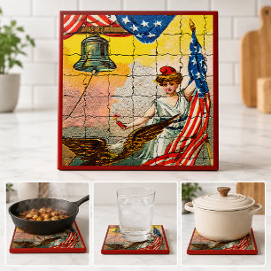 Vintage Dame, Adelaar, Vlag en Liberty Bell Mozaïe Tegeltje