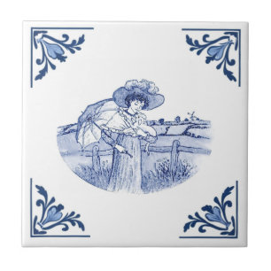 Vintage Dame & Huisdier Delft Hoek Blauw en Wit Tegeltje