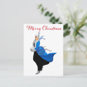 Vintage dame in blauwe kerstgroet briefkaart (Staand voorkant)