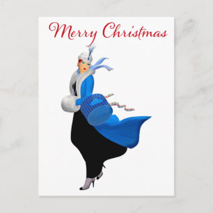 Vintage dame in blauwe kerstgroet briefkaart