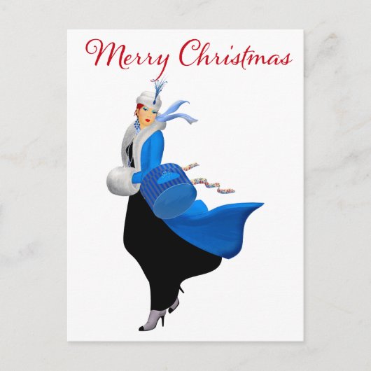 Vintage dame in blauwe kerstgroet briefkaart (Voorkant)