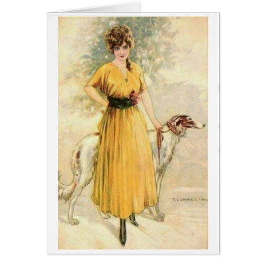 Vintage - Dame in Geel met Borzoi, (Voorkant)
