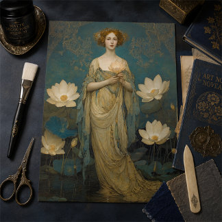 Vintage Dame met Witte Waterlelies Decoupage Tissuepapier