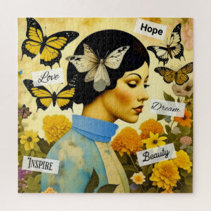 Vintage Dame, Vlinders, Bloemen en Inspirerend Legpuzzel