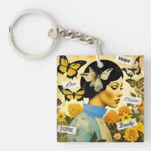 Vintage Dame, Vlinders, Bloemen en Inspirerend Sleutelhanger