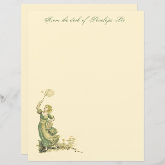 Vintage Dames Die Vlinders Jagen Briefpapier  (Voorkant / Achterkant)