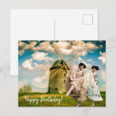 Vintage Dansende Bloemenmeisjes en Molen Verjaarda Briefkaart (Voorkant / Achterkant)