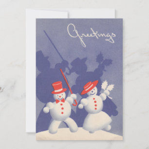 Vintage dansende kerst-sneeuwmannen in de sneeuw feestdagenkaart