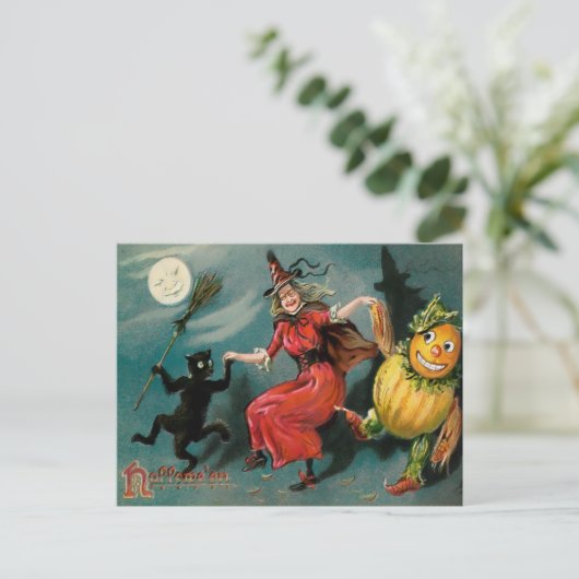 Vintage Dansende Witch Halloween Briefkaart (Staand voorkant)
