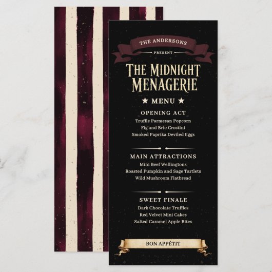 Vintage Dark Circus Halloween-feest Menu (Voorkant / Achterkant)