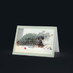 Vintage de Tekkel Omvergeworpen Kaart van de<br><div class="desc">Retro/Vintage wenskaart van Kerstmis.  Schattige Tekkel die schuldig na het kloppen over de Kerstboom voelen!</div>