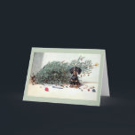 Vintage de Tekkel Omvergeworpen Kaart van de<br><div class="desc">Retro/Vintage wenskaart van Kerstmis.  Schattige Tekkel die schuldig na het kloppen over de Kerstboom voelen!</div>