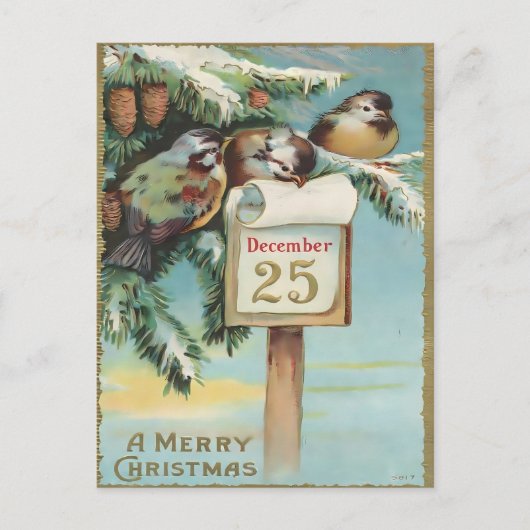 Vintage December 25th Birds & Pine Christmas Briefkaart (Voorkant)