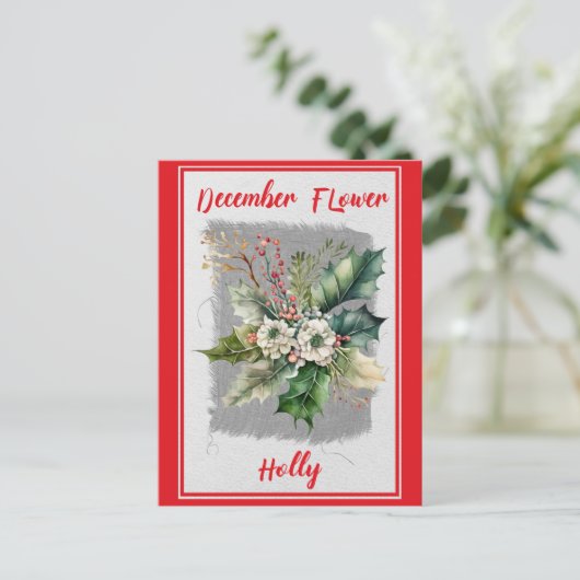 Vintage decemberbloem hulst bloemstuk briefkaart (Staand voorkant)