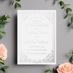 Vintage Deco Art Wit & Zilver Save The Date Folie Uitnodiging