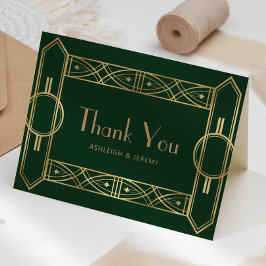Vintage Deco Frame Green Gold Wedding Thank You Kaart