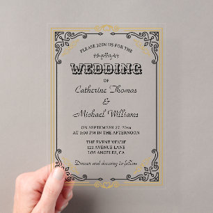 Vintage Deco Kunst Elegante Zwarte Witte Gouden Br Acryl Uitnodigingen