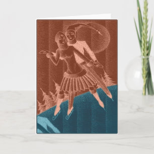 Vintage Deco Xmas Schaatsers Worden Nucleair Feestdagen Kaart