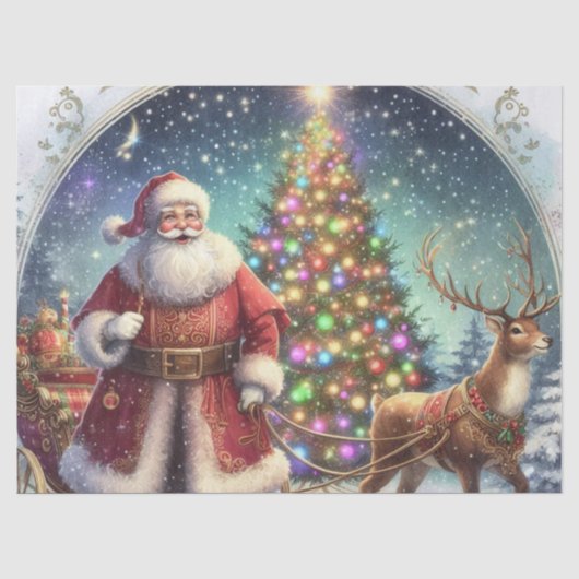 Vintage Decoupage Kerstman en Rendieren Tissuepapier (Voorkant)