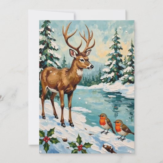 Vintage Deer and Robins Christmas Scene Feestdagenkaart (Voorkant)