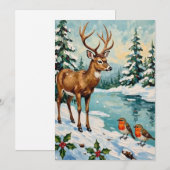 Vintage Deer and Robins Christmas Scene Feestdagenkaart (Voorkant / Achterkant)