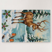 Vintage Deer and Robins Christmas Scene Legpuzzel (Horizontaal)