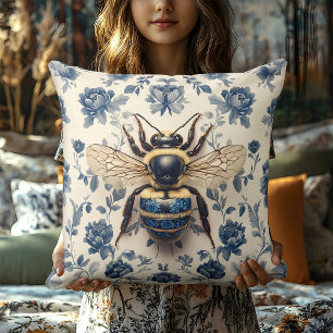 Vintage Delft Blauw Gouden Honingbij Cottagecore Kussen