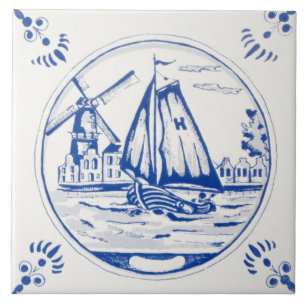 Vintage Delfts Blauw Nederlandse Windmolen Zeilboo Tegeltje