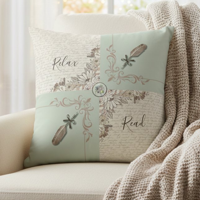 Vintage Delicate Green Elegant Manuscript Kussen (Add a fresh, calm touch to your sofa or reading chair with this soft neutral green pillow)