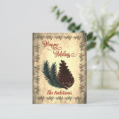 Vintage dennenappel Rode kalligrafie Prettige Fees Feestdagenkaart (Staand voorkant)