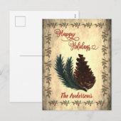 Vintage dennenappel Rode kalligrafie Prettige Fees Feestdagenkaart (Voorkant / Achterkant)