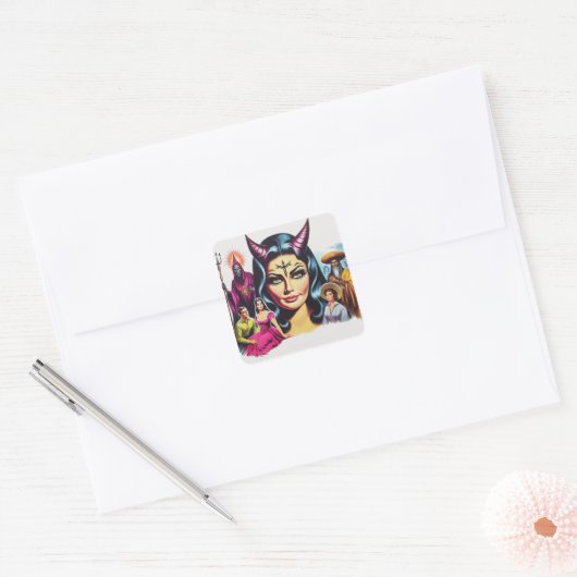 Vintage Devil Woman Vierkante Sticker (Envelop)