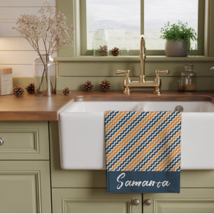 Vintage diagonale geometrische oranje grijze naam theedoek