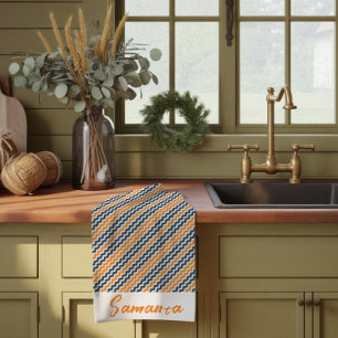Vintage diagonale geometrische oranje grijze naam theedoek