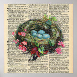 Vintage Dictionary Bird's Nest Poster